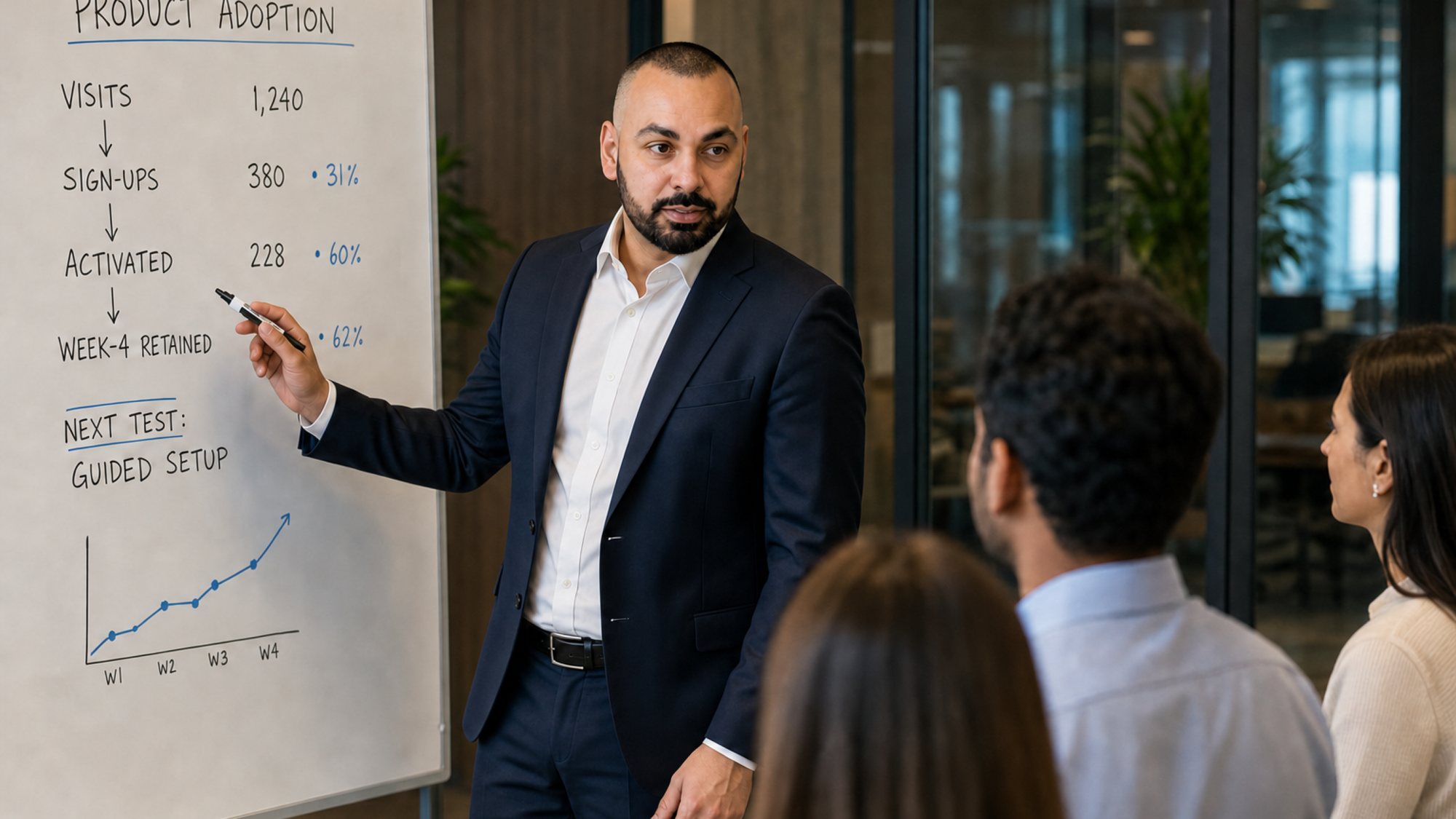 Rahim Syed walking a team through an adoption funnel at the whiteboard